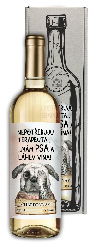 Dárkové víno Chardonay 0,75 l - Nepotřebuju terapeuta mám psa