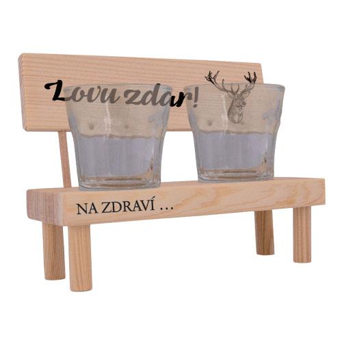 Dřevěná lavička s 2ks skleniček - Lovu zdar