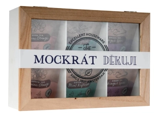 Sada čajů v dřevěném boxu s nápisem děkuji